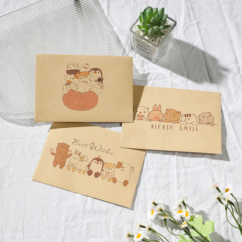 50pcs/lot 162x115mm Retro Kraft Paper Envelope Cute Little Bear Pattern Invitation Gift Packaging Postcard Greeting Envelopes