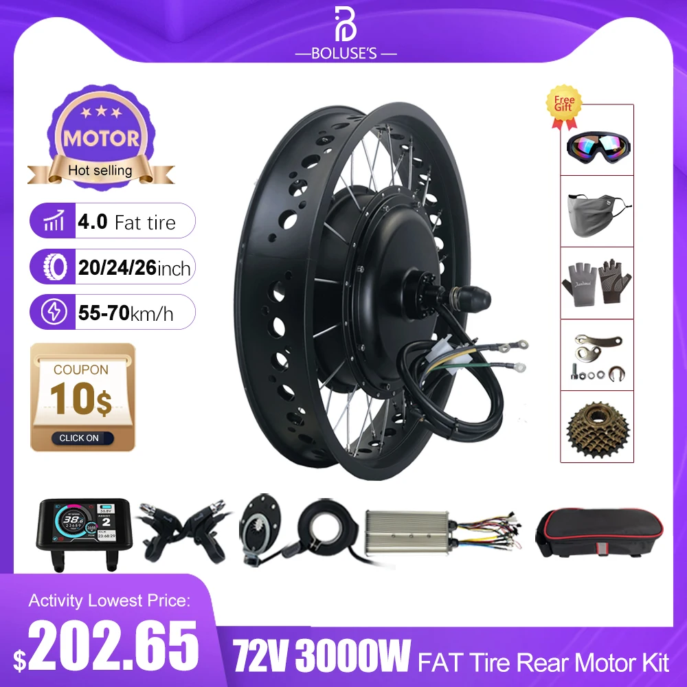 Fatbike 72V3000W Snow Electric Bicycle Conversion Kit 4.0 20”24”26”Tire Wheel Hub Motor Rear Dropout 170mm/190mm