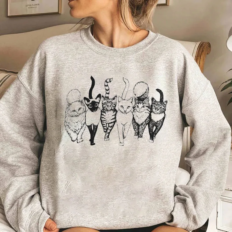 Six Cat Graphic Sweatshirt Hoodies Autumn Winter Cute Women Clothing Long Sleeve Pullove Top Outfits