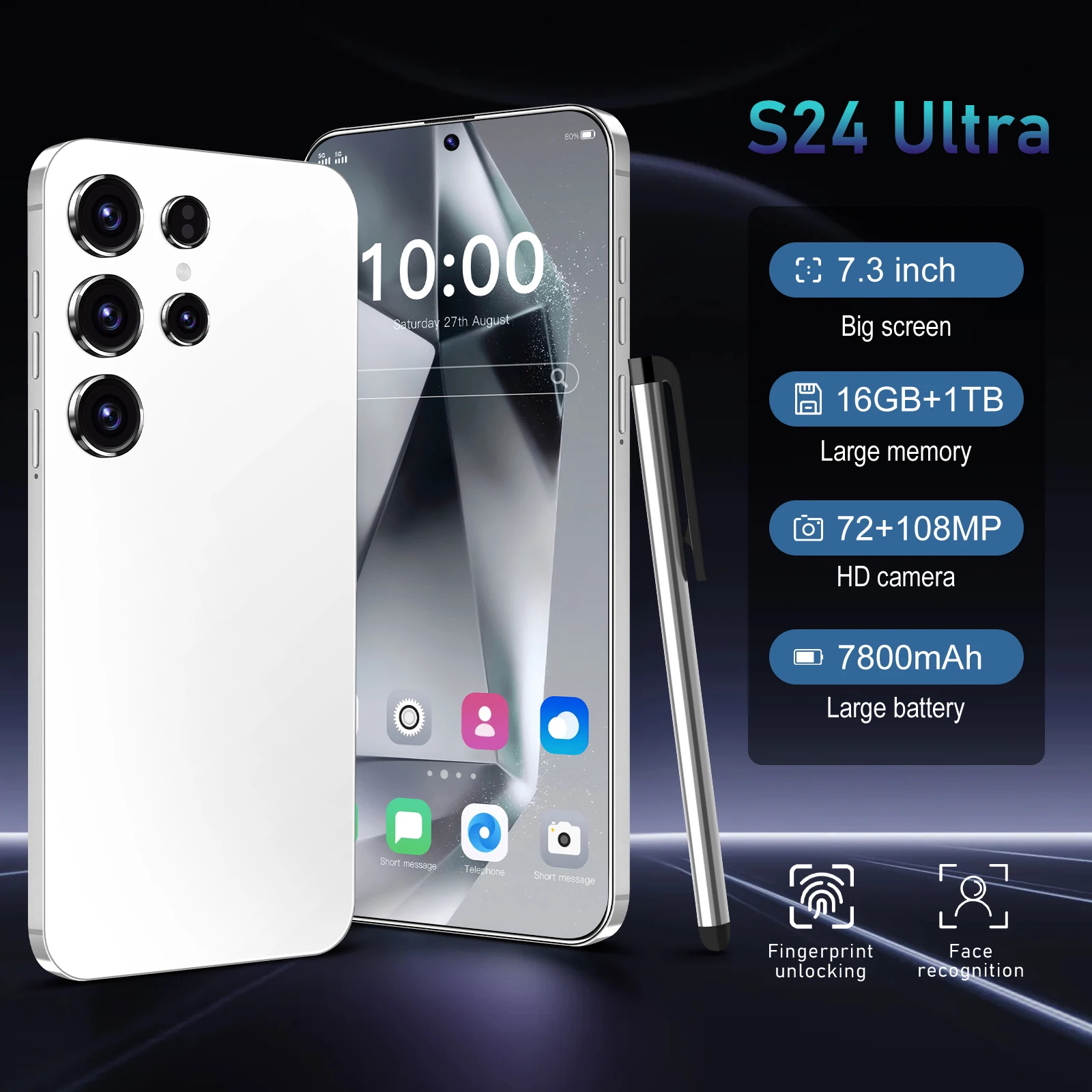 

Global Version S24 Ultra Android Smart Original Phone 5G 7.3 Inch HD Screen 7800mAh 108MP Camera 10 Core Dual SIM Unlock Phone