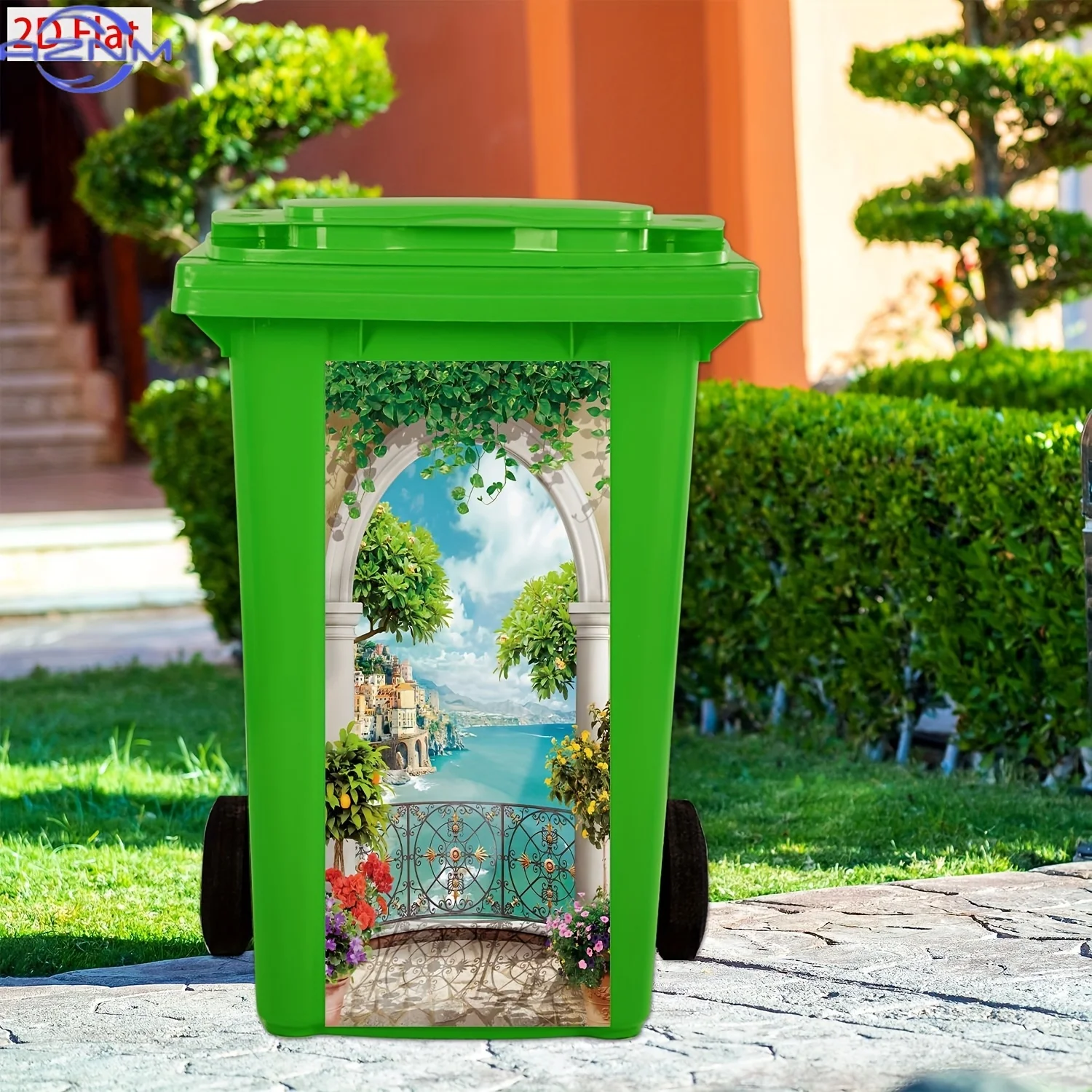 One piece of seaside city landscape theme trash can sticker, PVC self-adhesive waterproof sticker, moisture-proof, suitable fo