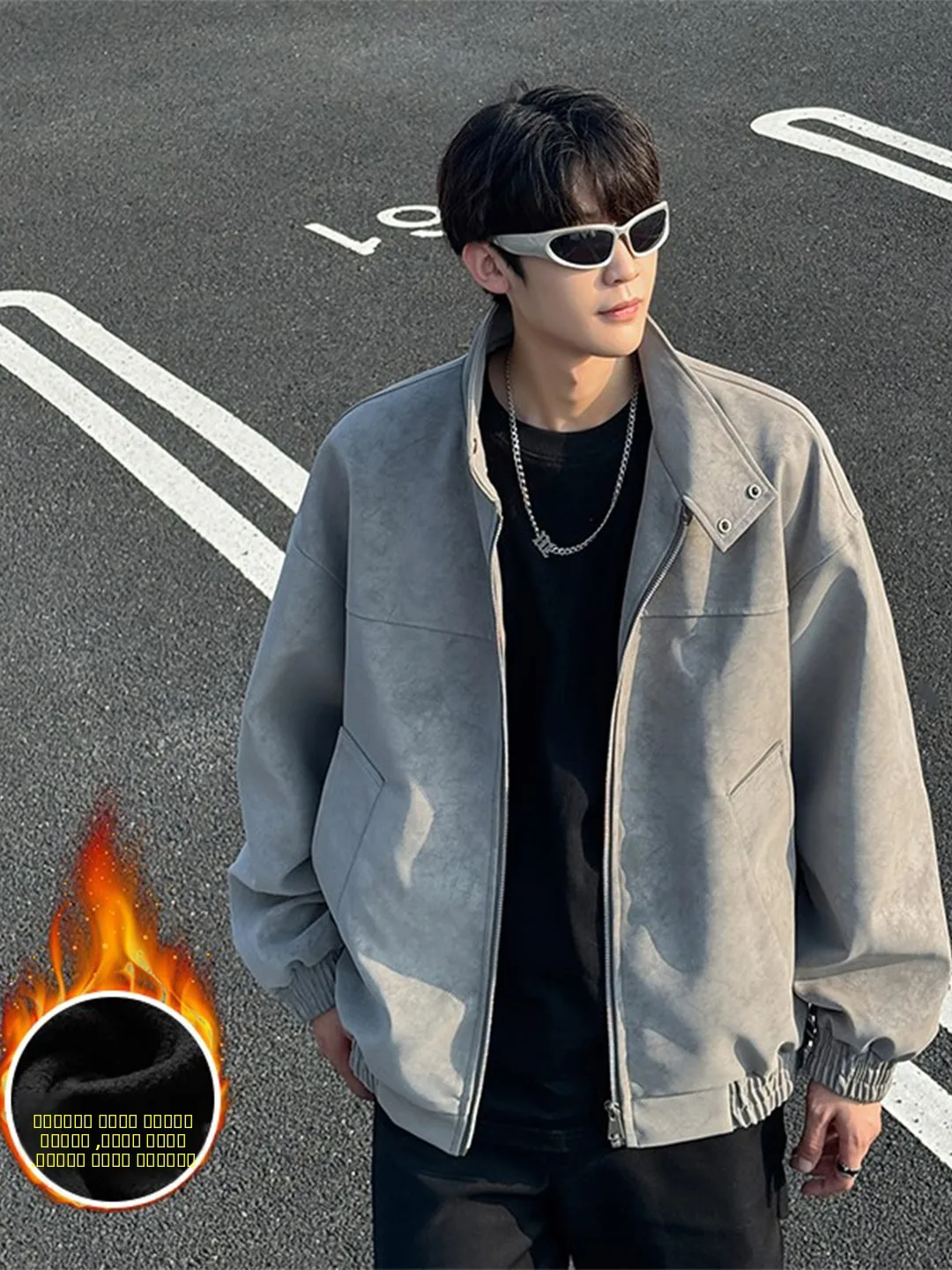 

Autumn Winter Men's Fce Lined PU Leather Jaet Tie Dye Stand Collar Tee Proof Leather Coat High End Sli Cotton Oute...