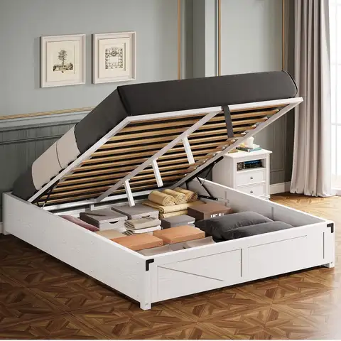 LIKIMIO Struttura letto queen size con piattaforma e contenitore sollevabile, doghe in legno, robusta e senza rumore, facile montaggio, bianco