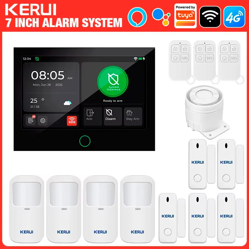 KERUI 7-inch groot touchscreen huisinbraakalarm WiFi + 4G alarmsysteem werkt met Tuya Smart FSK/ASK beveiligingsbescherming 433MHZ PIR-sensor