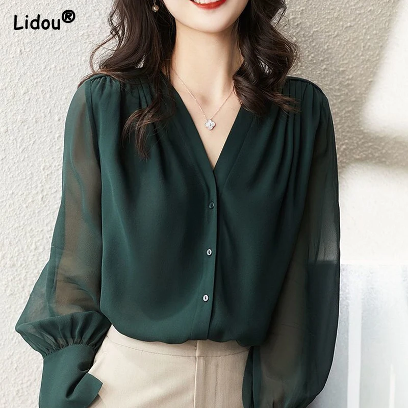 Elegant Summer Gauze Long Sleeve Solid Color Button V-neck Blouses Straight Loose Chiffon Thin Comfortable Women\'s Clothing 2022