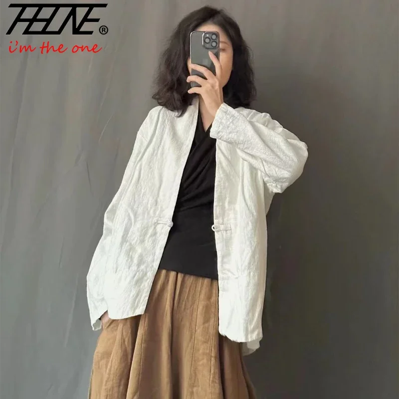 

THHONE Autumn Retro National Style One Grain Button V-neck Linen Cardigan Top Chinese Long sleeve Loose Cotton Linen Solid Coat