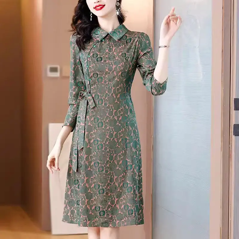 Mid Aged And Elderly Mothers Dress 2024 Spring Clothing New Retro Trendy Temperament Lapel Foral Dress Midi Female Vestidos K451