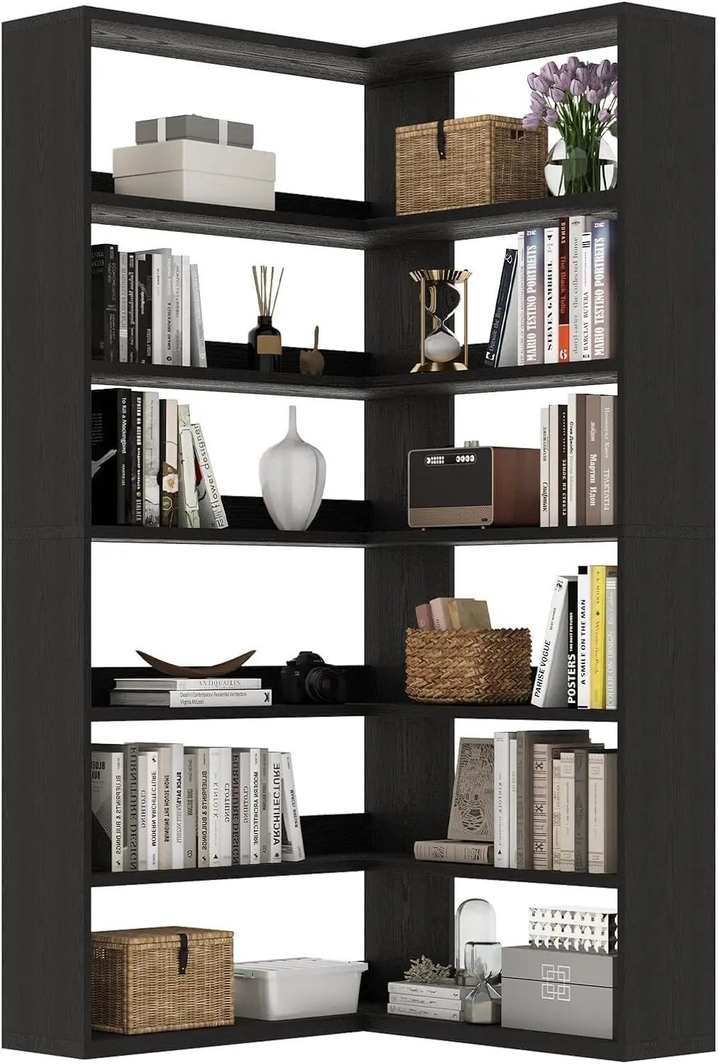 رف كتب على شكل حرف L مقاس 71 بوصة مع أضواء LED، أسود