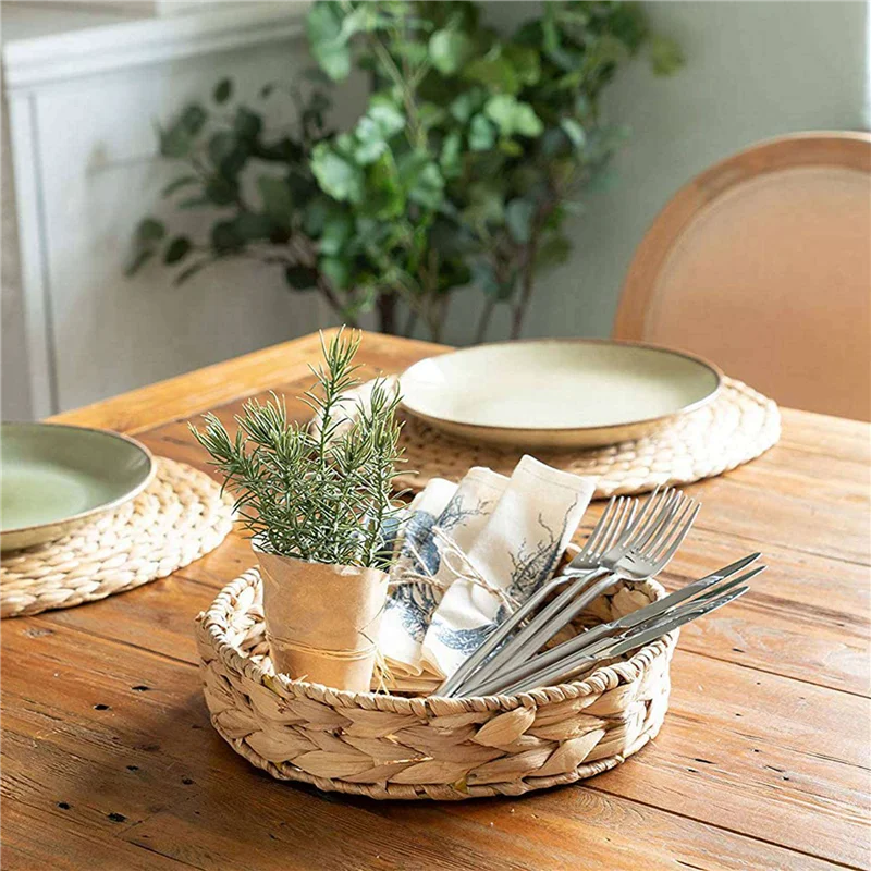 

AA81-4 шт. круглый плетеный поднос из морских водорослей, набор гиацинтов, 33 см + 28 см, миска для фруктов