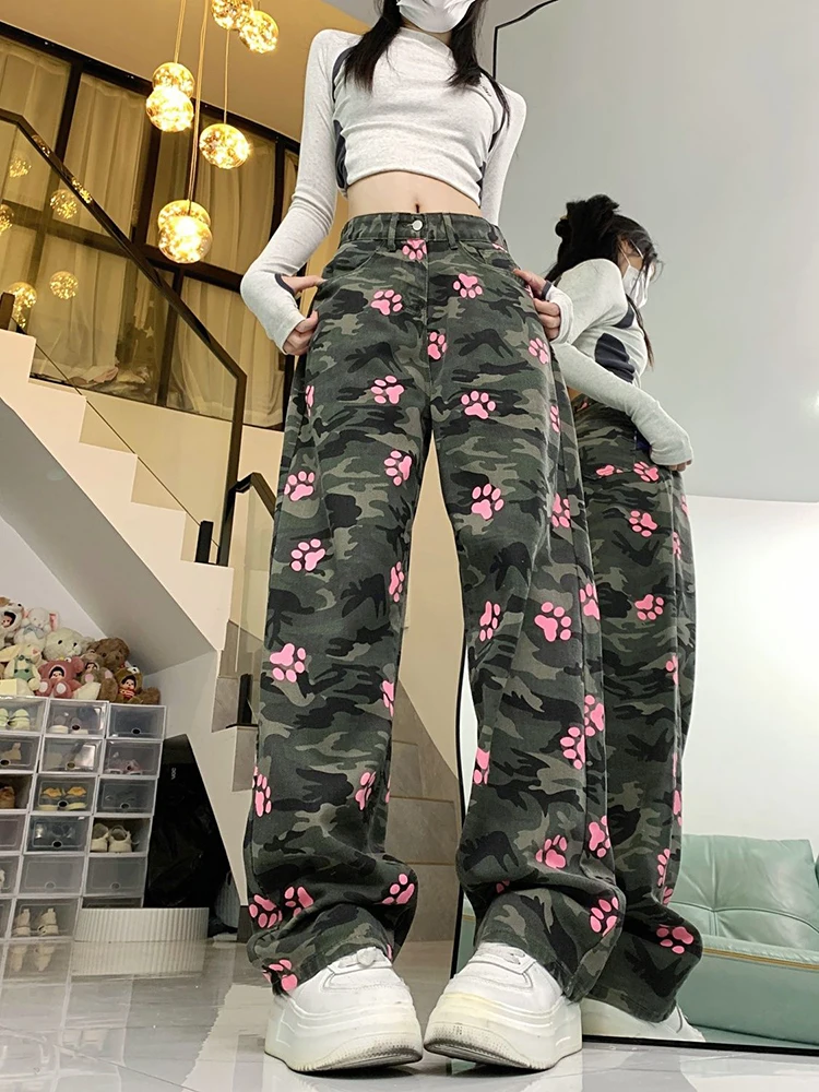 

Autumn New High Waist Street Fashion Camouflage Claw Print Denim Pants American Style Y2k Wide Leg Straight Trousers