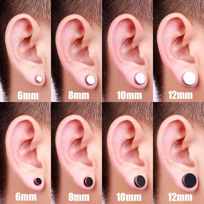 1Pc Black Titanium Steel Men Strong Magnet Earrings 6/8/10/12mm Simple Round Ear Stud Non Piercing Earring for Boyfriend Gifts