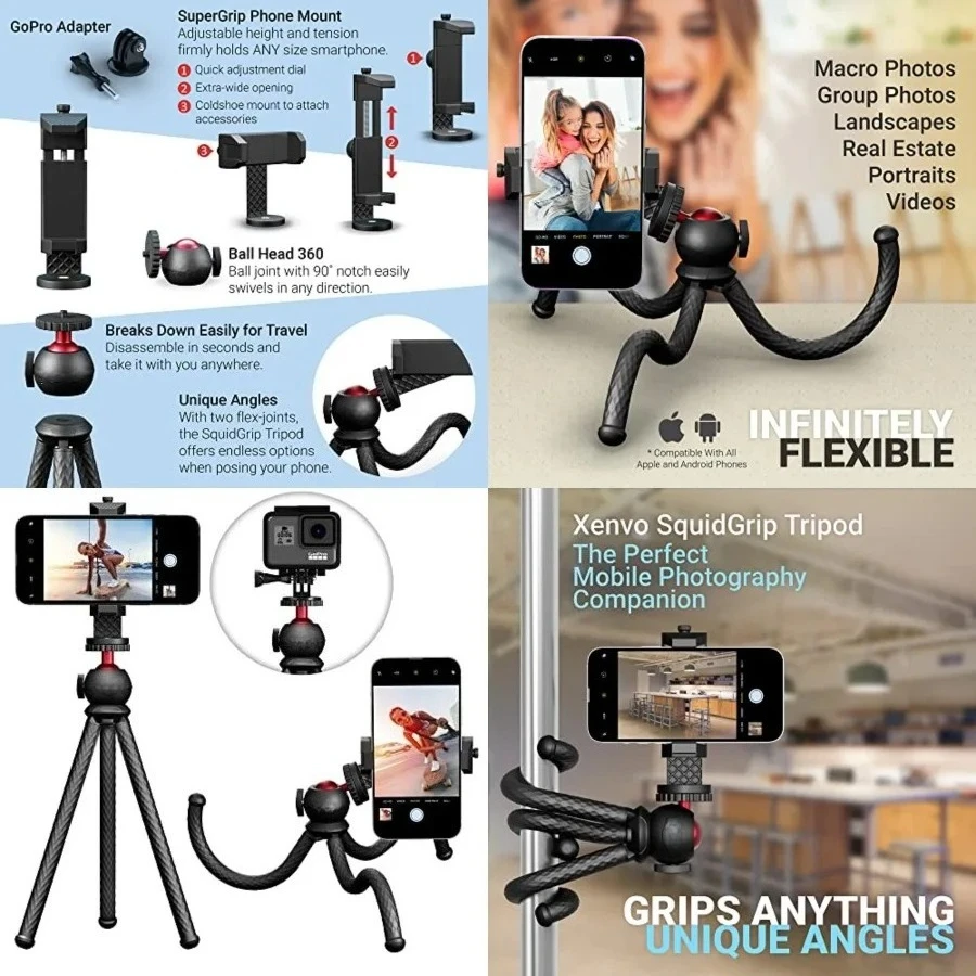 

SquidGrip Flexible Cell Phone Tripod and Portable Action Camera Holder - Compatible with iPhone, GoPro, Android, Samsung, Google Pixel and All Mobile Phones Red