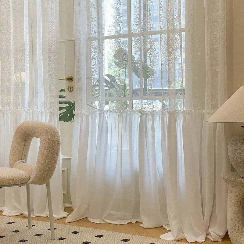 French Floral Lace Luxury Romantic Retro White Tulle Sheer Curtains for Living Dining Room Bedroom Elegant Fashion