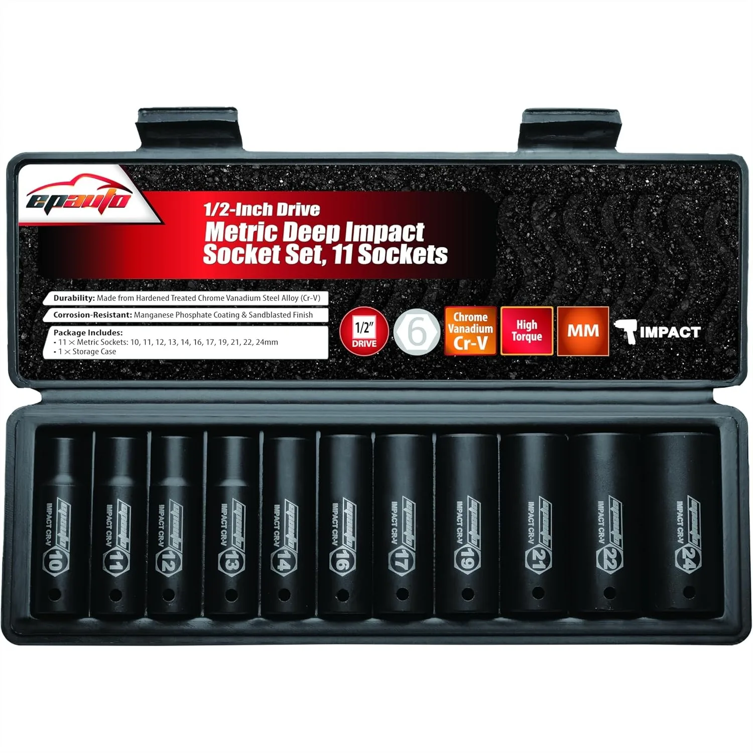 

1/2-Inch Drive Metric Deep Impact Socket Set, 11-Piece Cr-V Steel with Storage Case