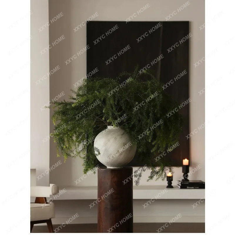 XX wabi Sa Jingdezhen handmade large round jar solid wood pier base white vase living room entrance ornament