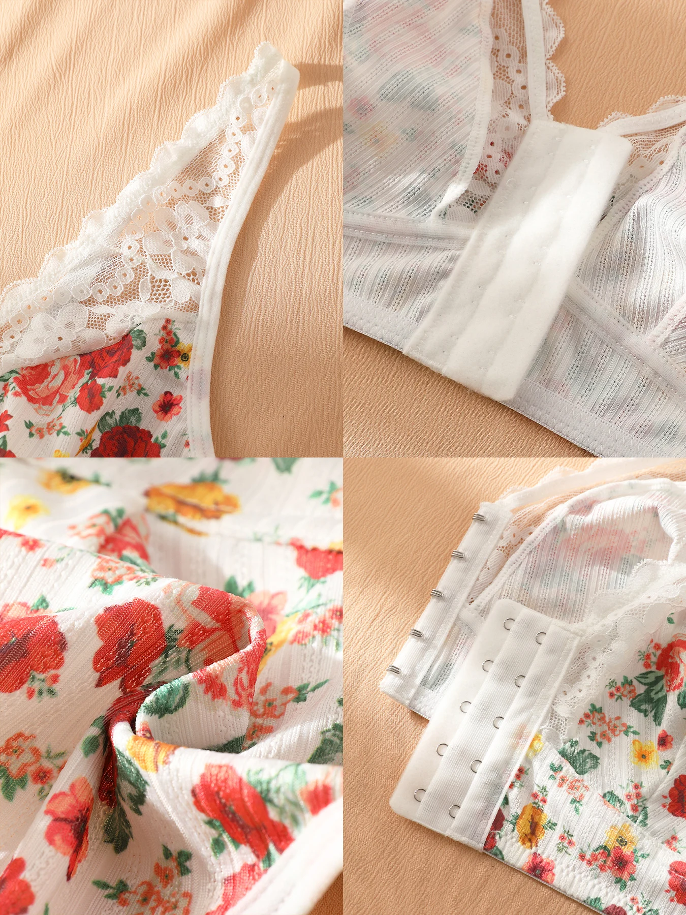 1pc Women's Floral Print Wireless Bra, Lace Trim Front Closure Comfort Bralette (S-XXL) view 6
