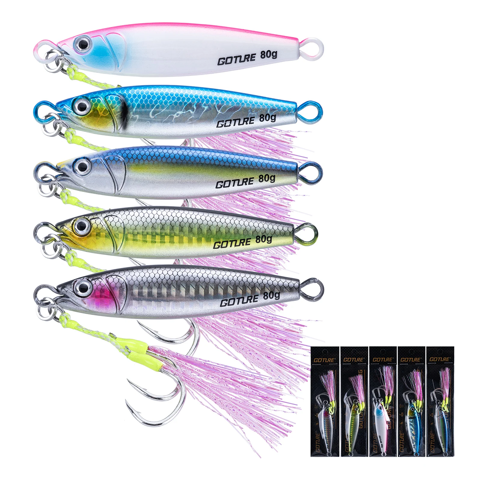 Goture 1-5 Stück Metall-Jig-Köder in 5 Farben, 60-150g, Doppel-Assist-Haken, Sinkend, für Süß- und Salzwasser, Jigging, Meeresfischen-Zubehör