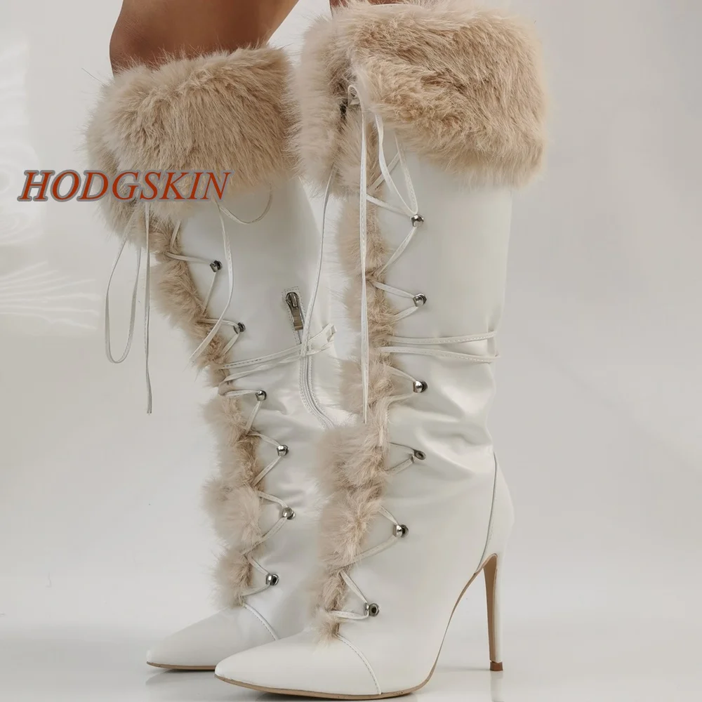 

Rivet Cross Tied Knee High Women Boots Pointed Toe Stiletto High Heel White Solid Pumps Fashion 2025 Newest Casual Winter Boots