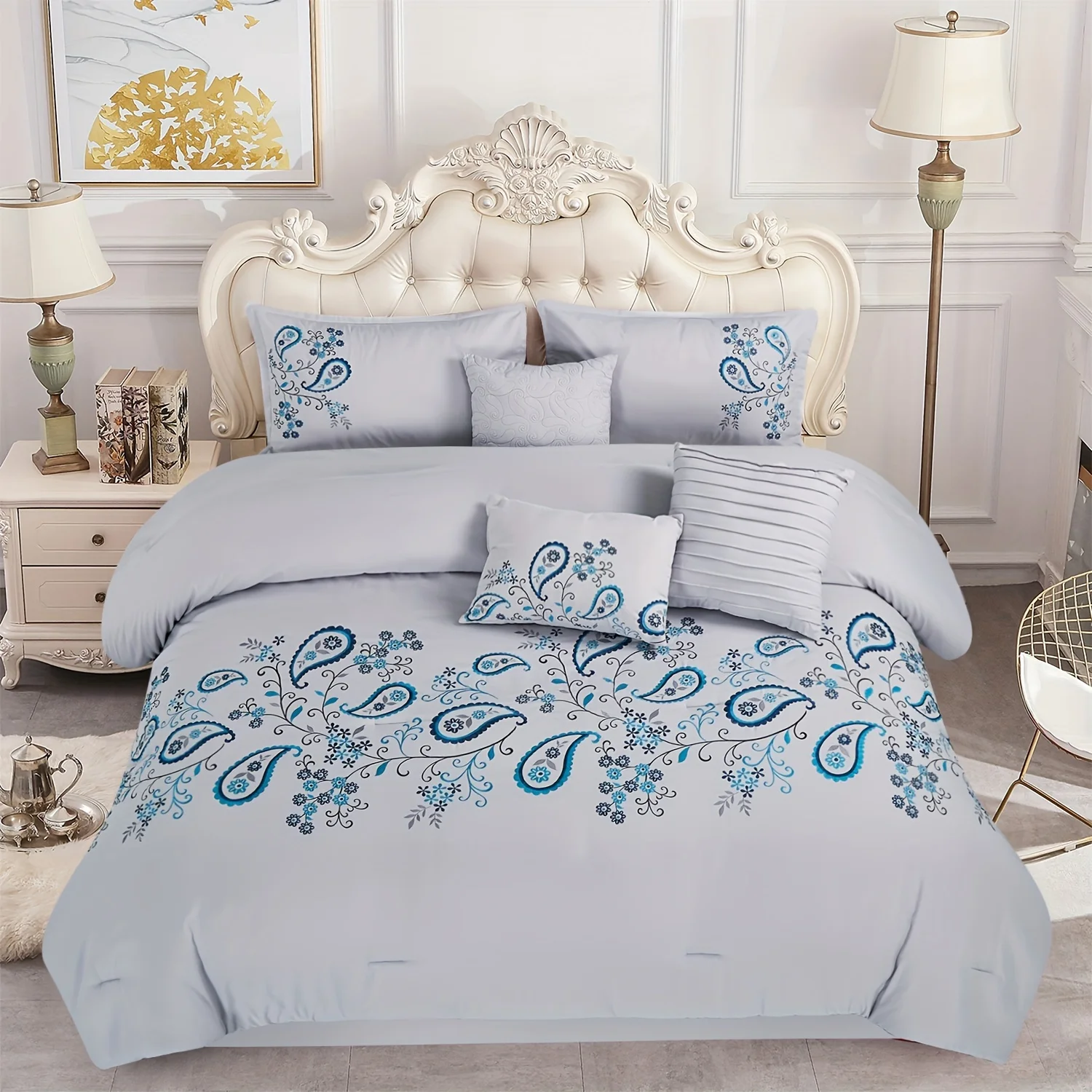 

7pcs Embroidered Comforter Set (1*Comforter + 1*Bed Skirt + 2*Pillowshams Without Filler + 1*Rectangle Pillow+ 2*Cushions), Skin