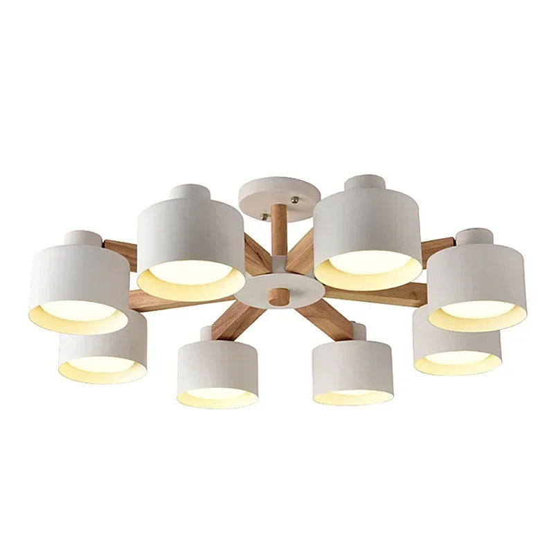 

Two Function Nordic LED Chandelier With White Iron Lampshade For Foyer Modern Wooden Ceiling Mounted Lustres Wood Dining Lights