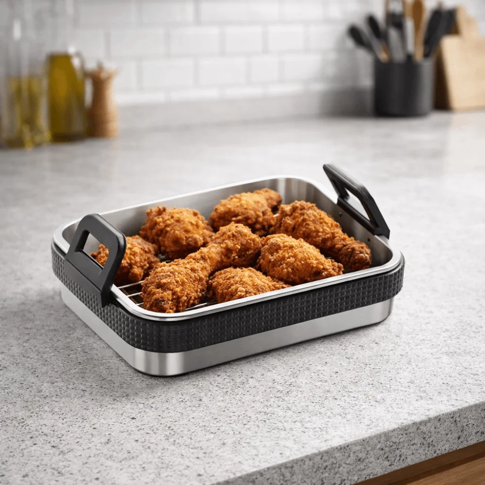 

Anti-scalding Stainless Steel Air Fryer Baking Pan Silicone Handle with Wire Rack and Lid Air Fryer Baking Tray Heat-resistant