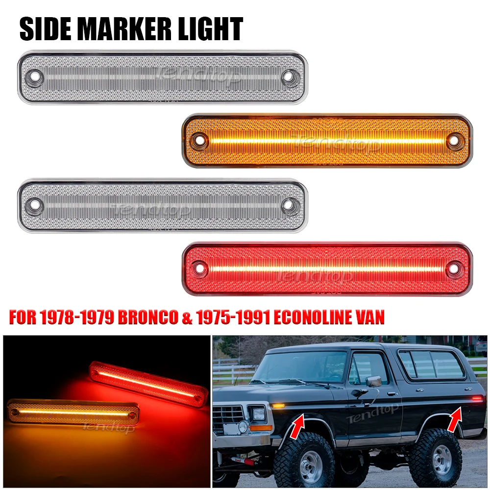 4pcs Smoked/Crystal Lens LED Front/Rear Amber/Red Side Marker Light For 1973-1979 Ford F100 F150 Bronco Sidemarker Lamps