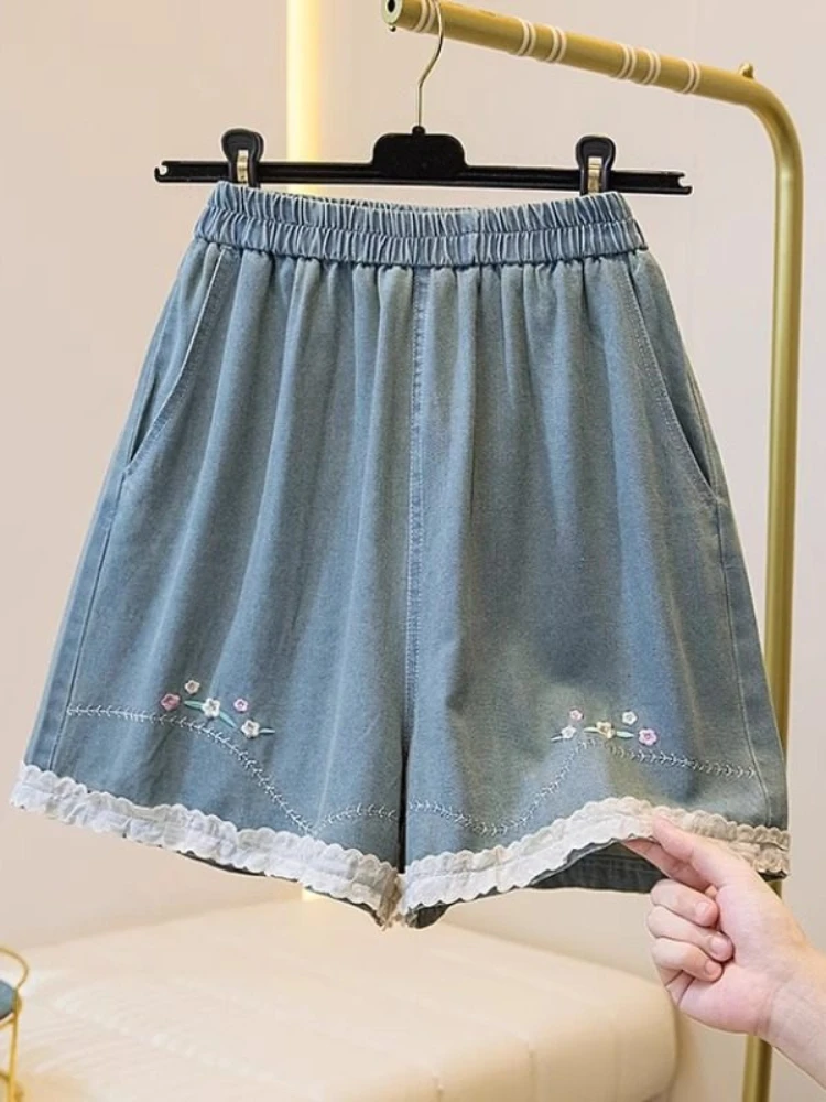 Damskie szorty jeansowe z koronkowym haftem, letnie, nowe, z wysokim stanem, cienkie, luźne, designerskie, modne, z szerokimi nogawkami, długość do połowy łydki.