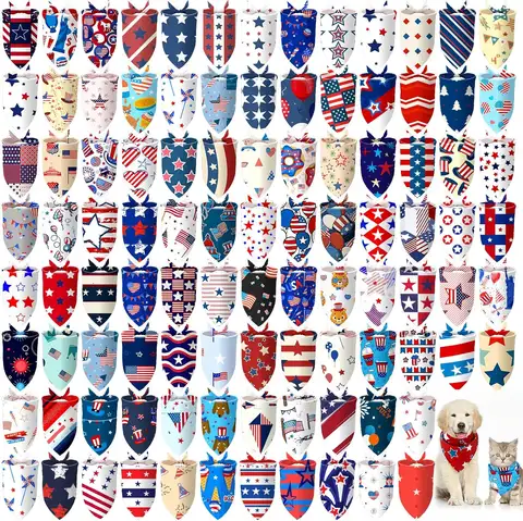 100Pcs 4th of July Dog Bandanas Patriotic Pet Bandanas Bulk Independence Day Triangle Pet Bibs Scarf for Medium Large Dog