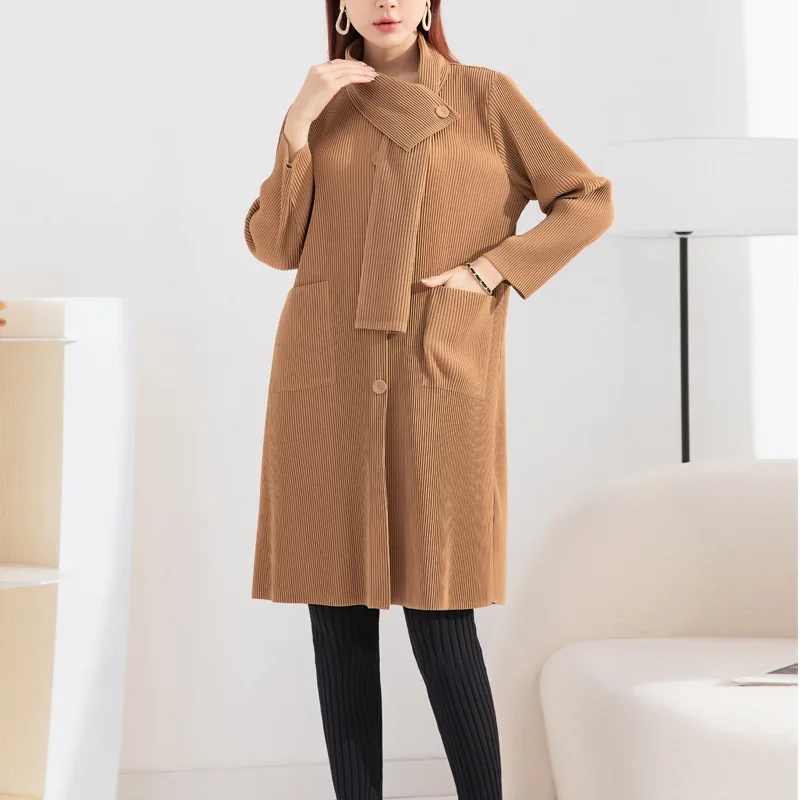 

MIYAKE women high-end temperament casual coat jacket winter new scarf collar fashion over knee mid length style [20221070]