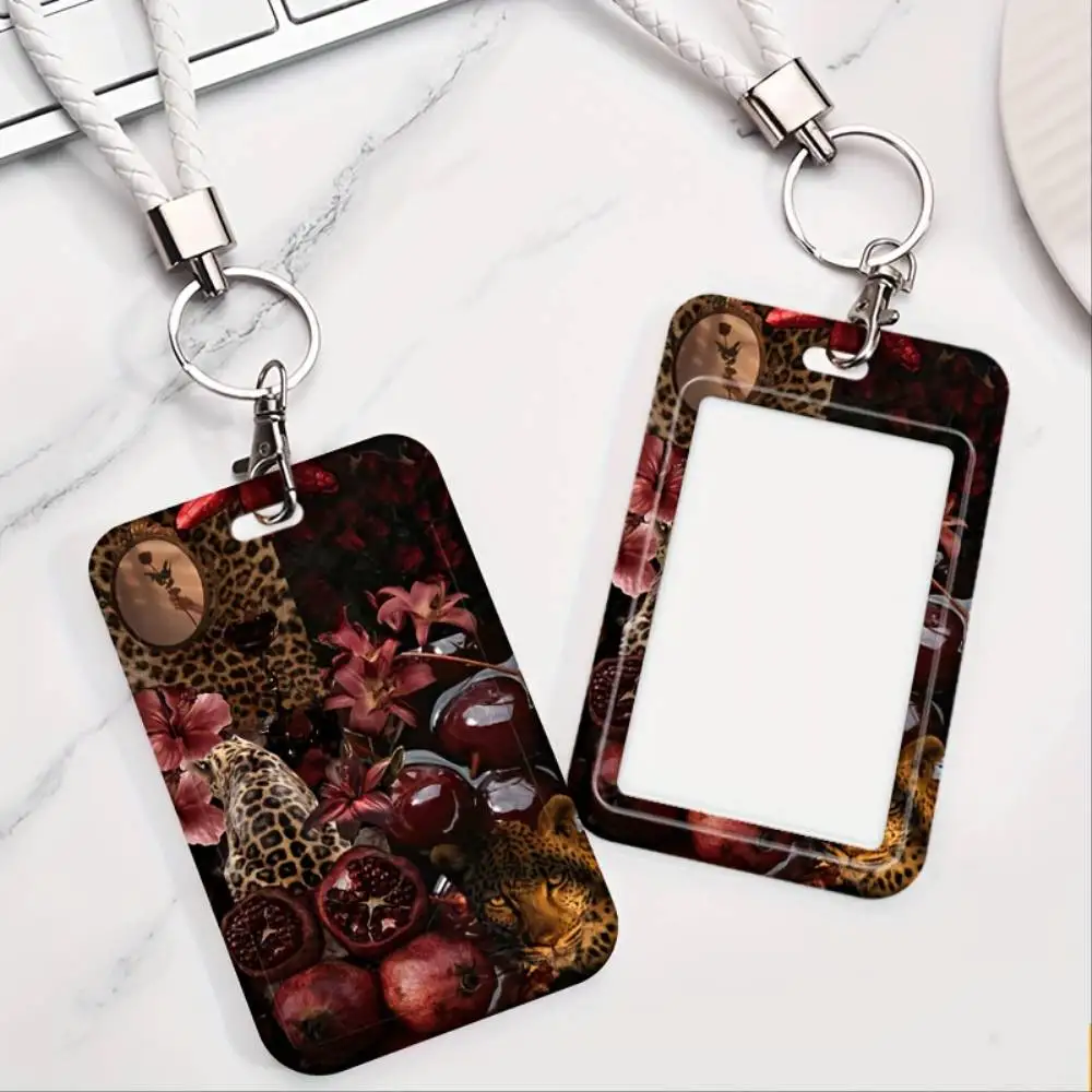 Leopard Print Burgundy Floral ID Card Holder Plastic Window Badge Case For Doctor Nurse Student Office Bank Card