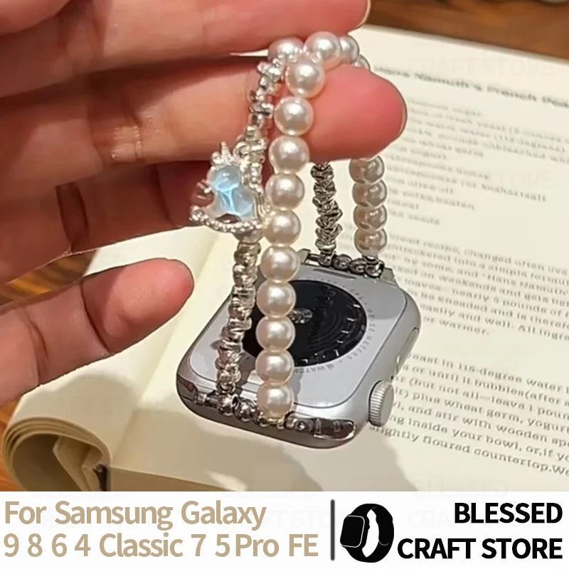 Elegant Double Layer Pearl Bead Strap for Samsung Galaxy Watch 9 8 7 5 Pro 6 Classic Ultra2 Unicorn Pendant Wristband 18 20 22mm