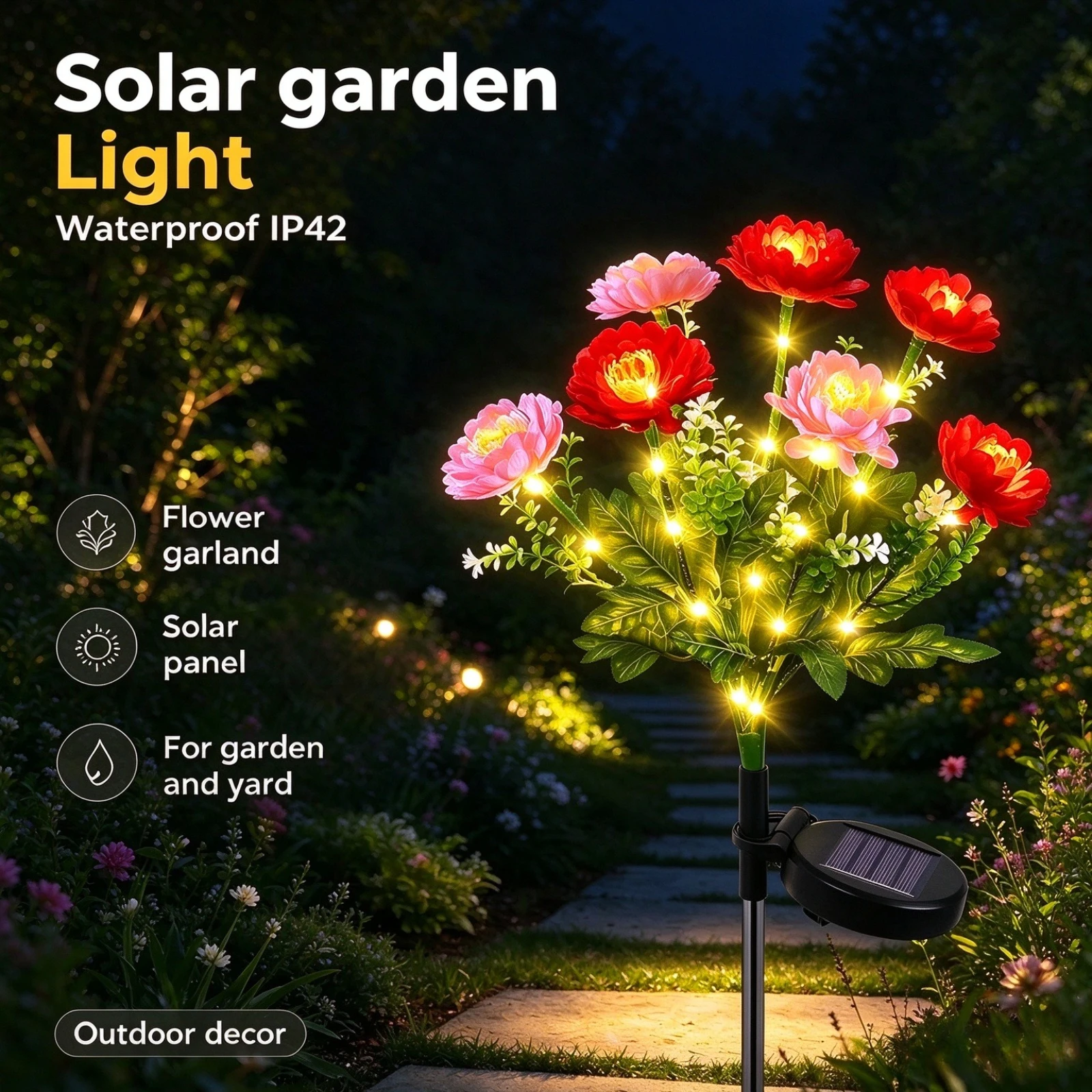Solar Lotus Flower Lawn Lights with Snow Effect, Waterproof Outdoor Garden Stake Lamp for Patio Wedding Mother's Day Decor