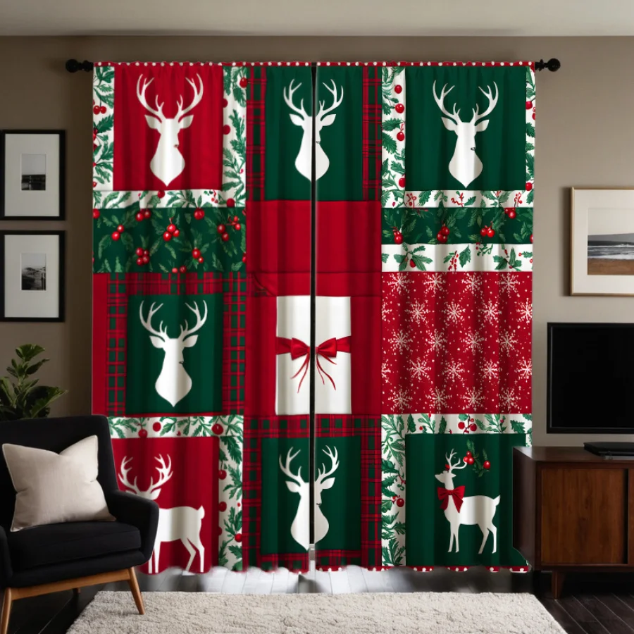 2pcs Set Christmas Plaid Curtains with Red/Green Tartan & Reindeer/Scottish Tartan Patterns - Semi-Transparent Filtering Polyest