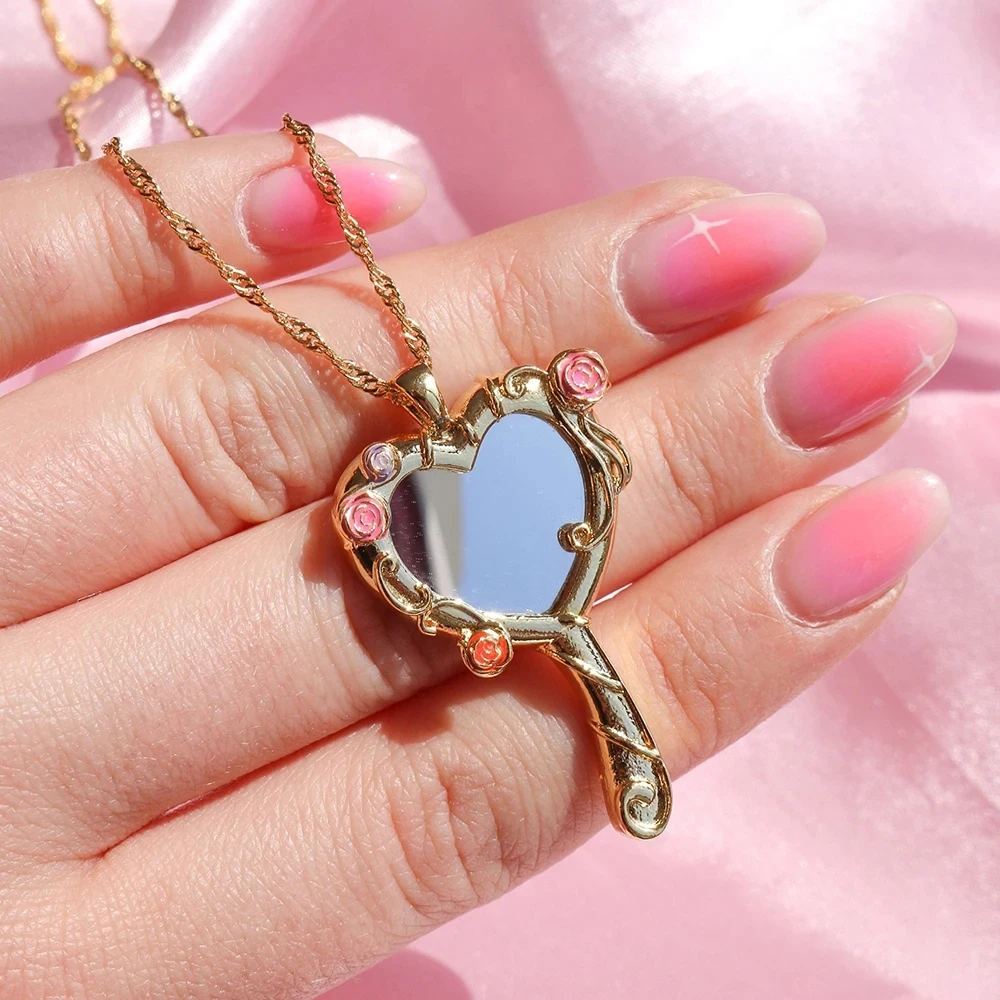 Y2K Magic Mirror Pendant Necklace for Women Girls Sweet Chokers Accessorie Gold Color Princess Necklace Fashion Jewelry Gifts