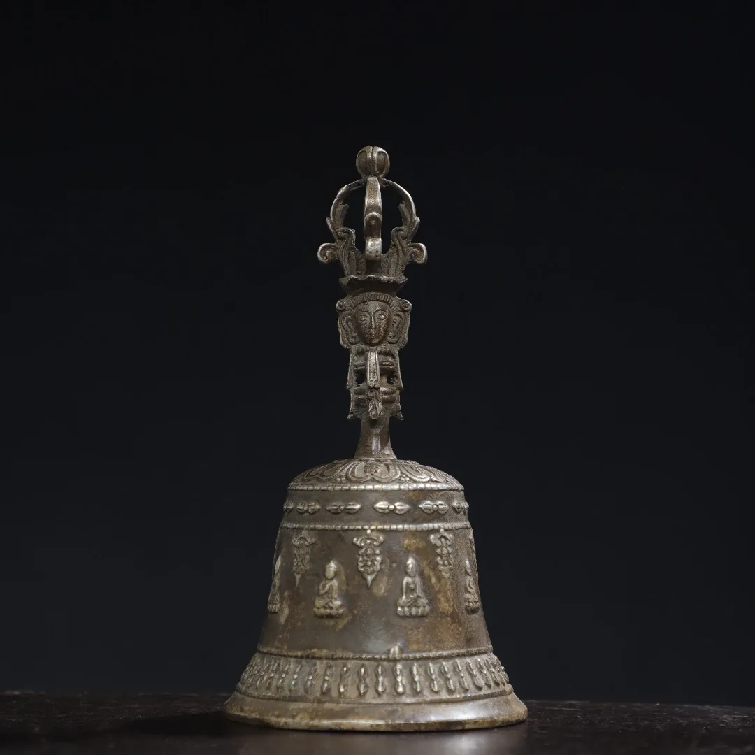 

7"Tibetan Temple Collection Old Bronze Gilded Silver Cinnabar Buddha Head Old Ringing Bell Amulet Worship Hall Town house