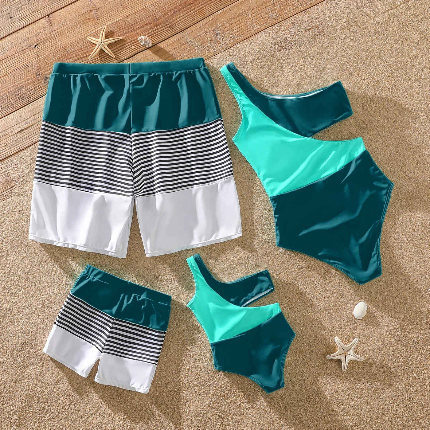 PatPat Family Matching Swimsuit Colorblock One Shoulder Cut Out One-piece Swimsuits and Striped Spliced Swim Trunks Shorts