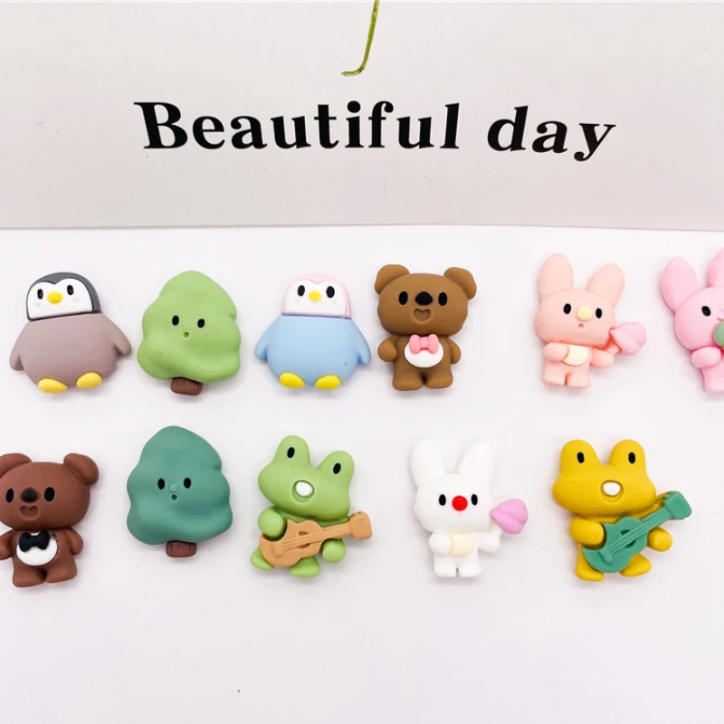 10pcs Kawaii Rabbit Bear Penguin Figurine Mini Frogs Resin Flatbacks Scrapbook Harz Cabochon DIY Craft Home Decor Accessories