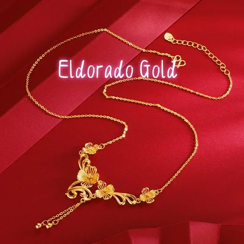 

Eldorado Gold 9999 Real Gold 24K New Chinese Golden Girl Flower Clavicle Necklace, Premium Wedding Four Flower Tassel Set Chain