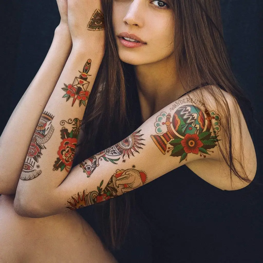 Classic Temporary Tattoos - Old School Stickers in Different Sizes, Waterproof Vintage Designs: Flowers, Roses, Swallows