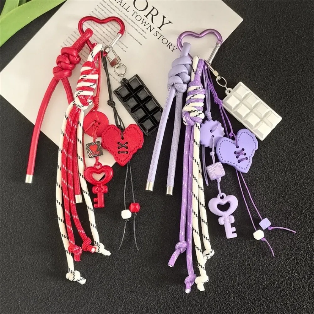 Acrylic Heart Keychain Hand-Woven Heart-shaped Braided Rope Key Chain Anti-Lost Macaron Color Bag Pendant Bag Accessories