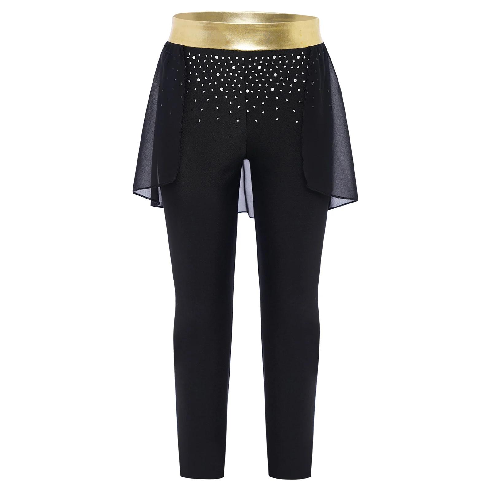 Girls Figure Skating Dance Costume Leggings Patchwork Chiffon Panel Skirt Modern Ballet Jazz Dancing Pants Performance Costumes