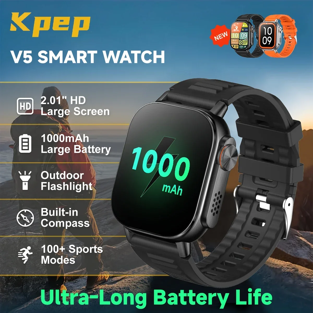 KPEP 1000mAh ساعة ذكية الرجال مصباح يدوي البوصلة مقاوم للماء 1000mAh بطارية كبيرة بلوتوث دعوة مراقب معدل ضربات القلب Smartwatch