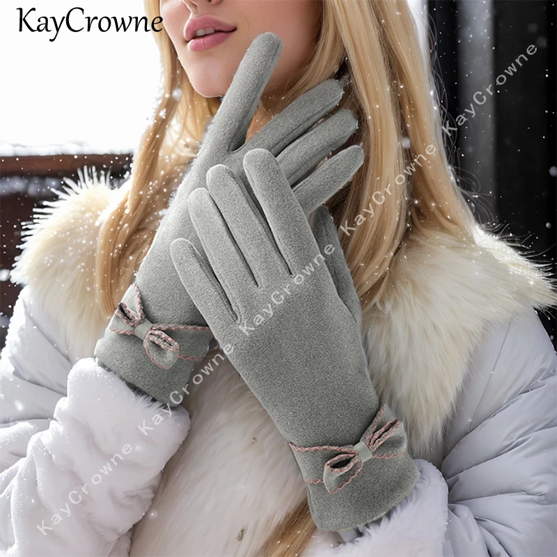 New Fashion Lady Gloves Women Winter Vintage Cycling Thick Warm Windproof Bow-Knot Full Finger Touch Screen Glove Mittens G054