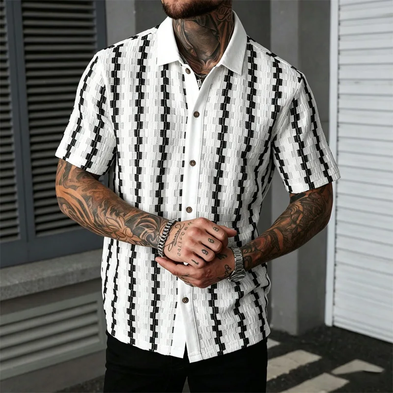 2026 Summer Men's Shirt Retro Checked Knitted Short Sleeve Shirt Men's Versatile Casual Temperament Top