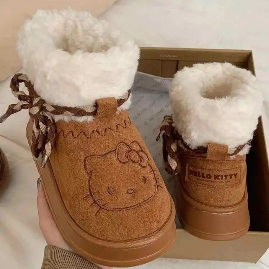 Miniso Hello Kitty Snow Boots Sanrio Winter Y2k Warm Cotton Shoes Cartoon Girl Outdoor Fashion Thick Bottom Non Slip Short Boot