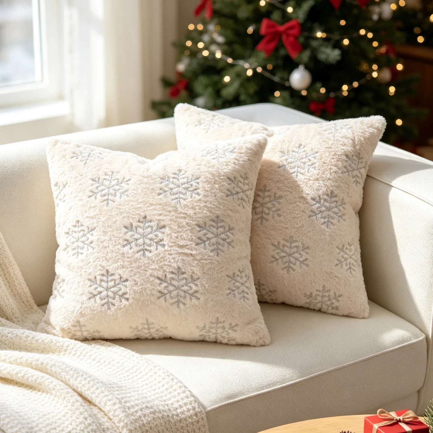 Weihnachtlicher Schneeflocken-Plüsch-Kissenbezug, Sofakissenbezug für Wohnzimmer, festliche Atmosphäre, dekorative Kissenbezüge – Detail 6