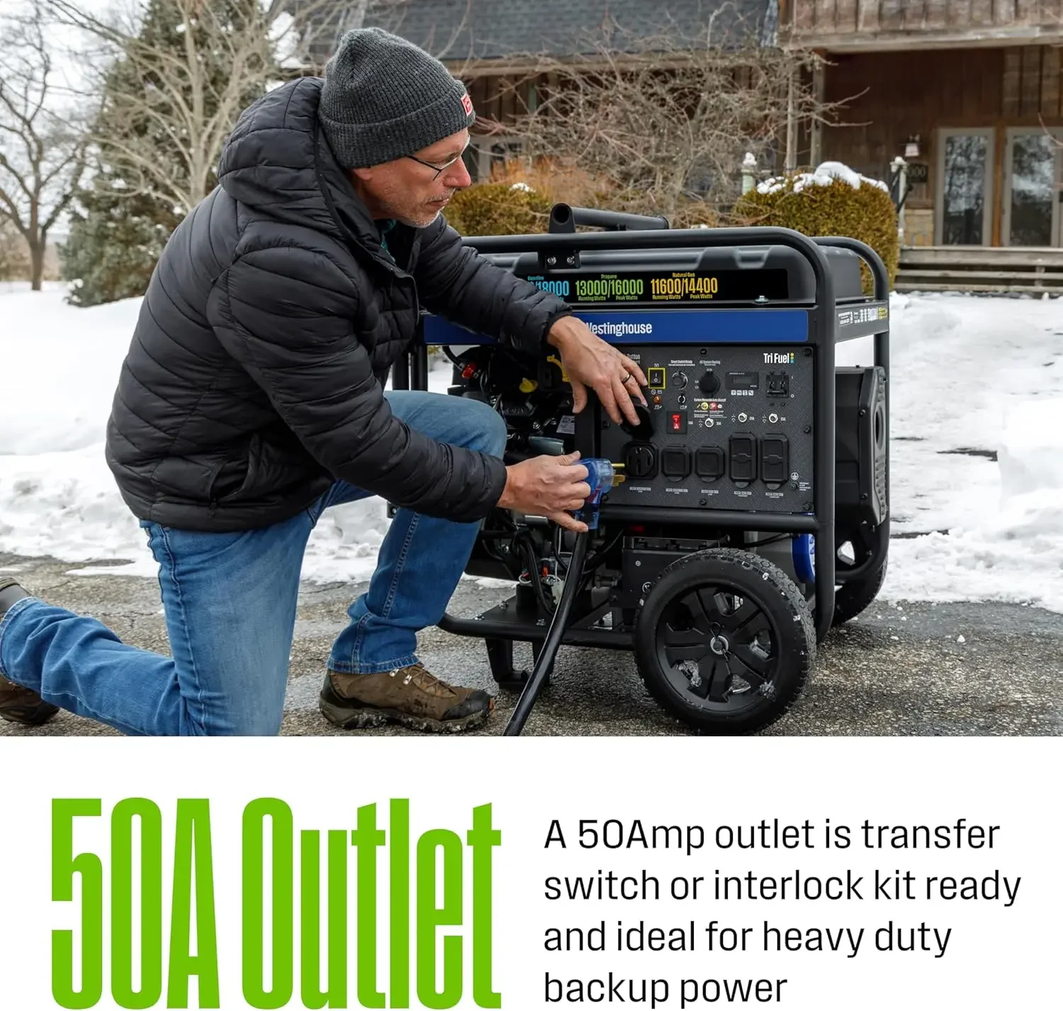 18000 Peak Watt Tri-Fuel Home Backup Portable Generator, Remote Electric Start, Transfer Switch Ready, Gas, Propane, Natural
