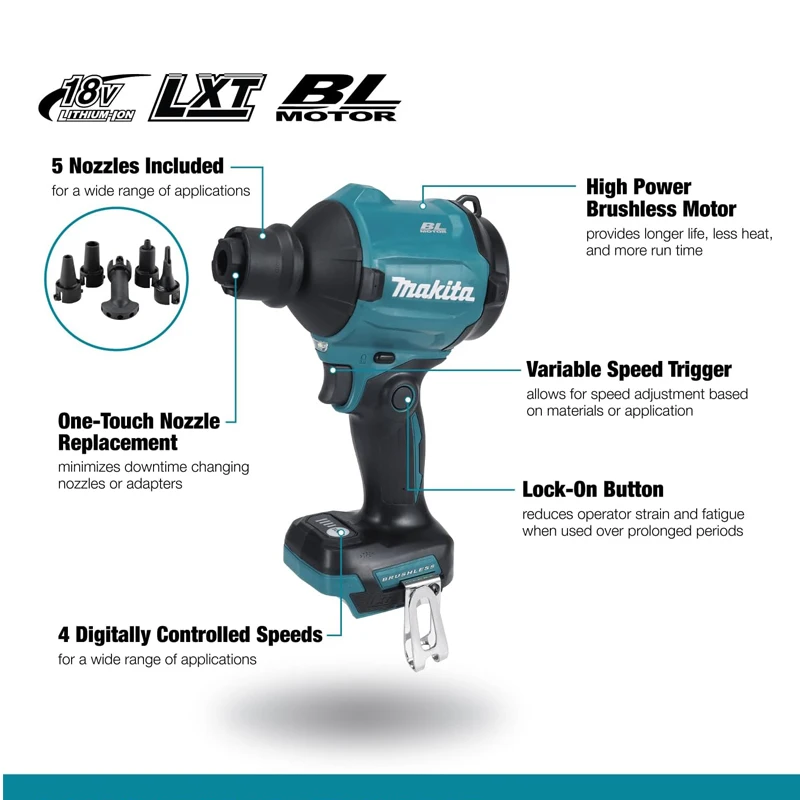 Imagem -02 - Makita Das180 Air Blower Despoeirar 18v Bateria de Lítio Espaço Estreito Limpeza Secador de Cabelo Ferramenta Bare
