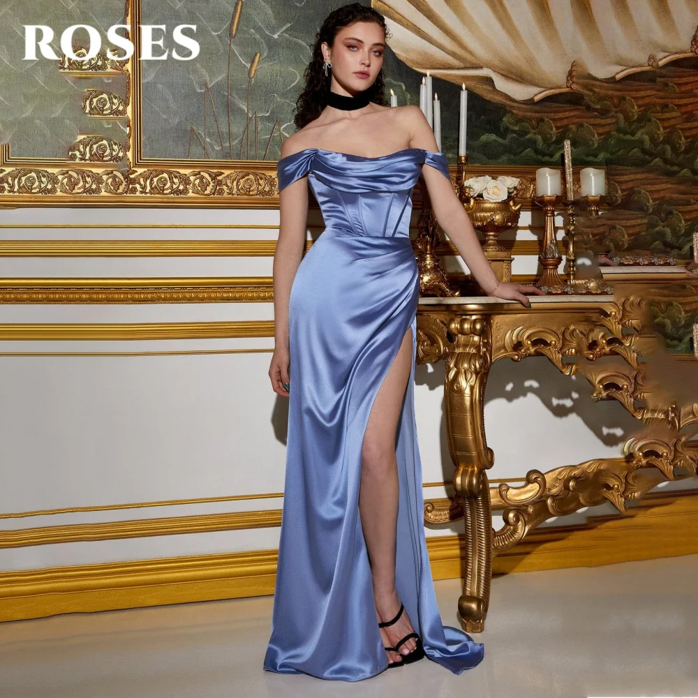 ROSES-vestido de fiesta de estilo moderno con hombros descubiertos, traje Sexy de satén con abertura alta, con cuello Barco, personalizado