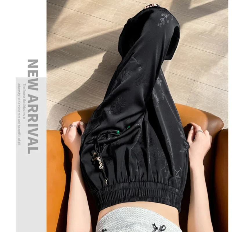 New Chinese Jacquard Satin Wide Leg Pants Summer High Waist Pendant Tassel Ice Silk Straight Leg Pants Trendy